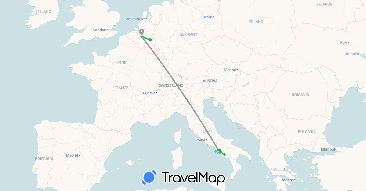 TravelMap itinerary: driving, bus, plane, hiking, boat in Belgium, Italy (Europe)